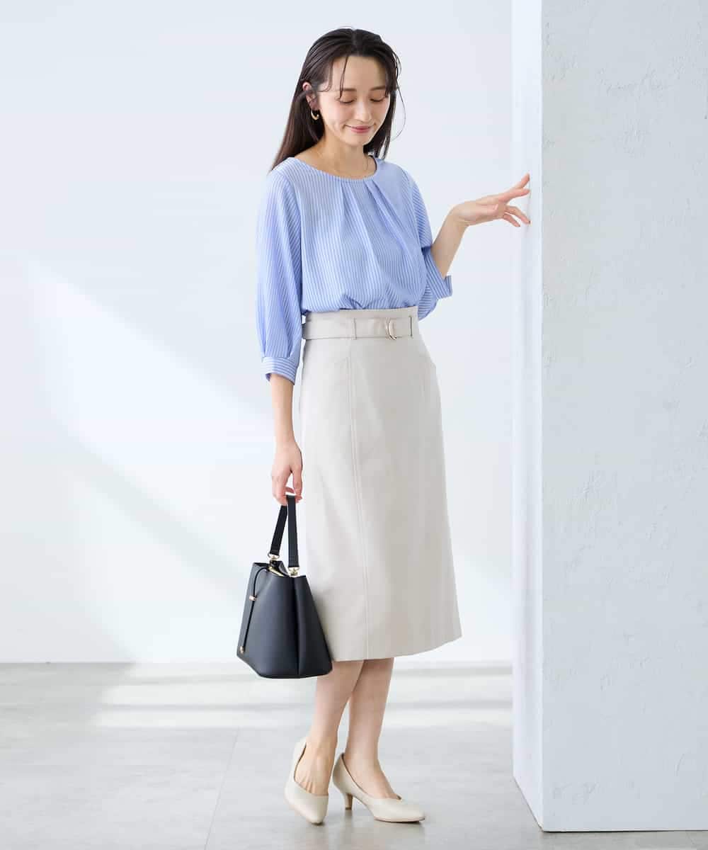 K3KFD21039 a.v.v Elmi(アー・ヴェ・ヴェ) 【低身長サイズ】タックスリーブストライプカットソー ライトブルー