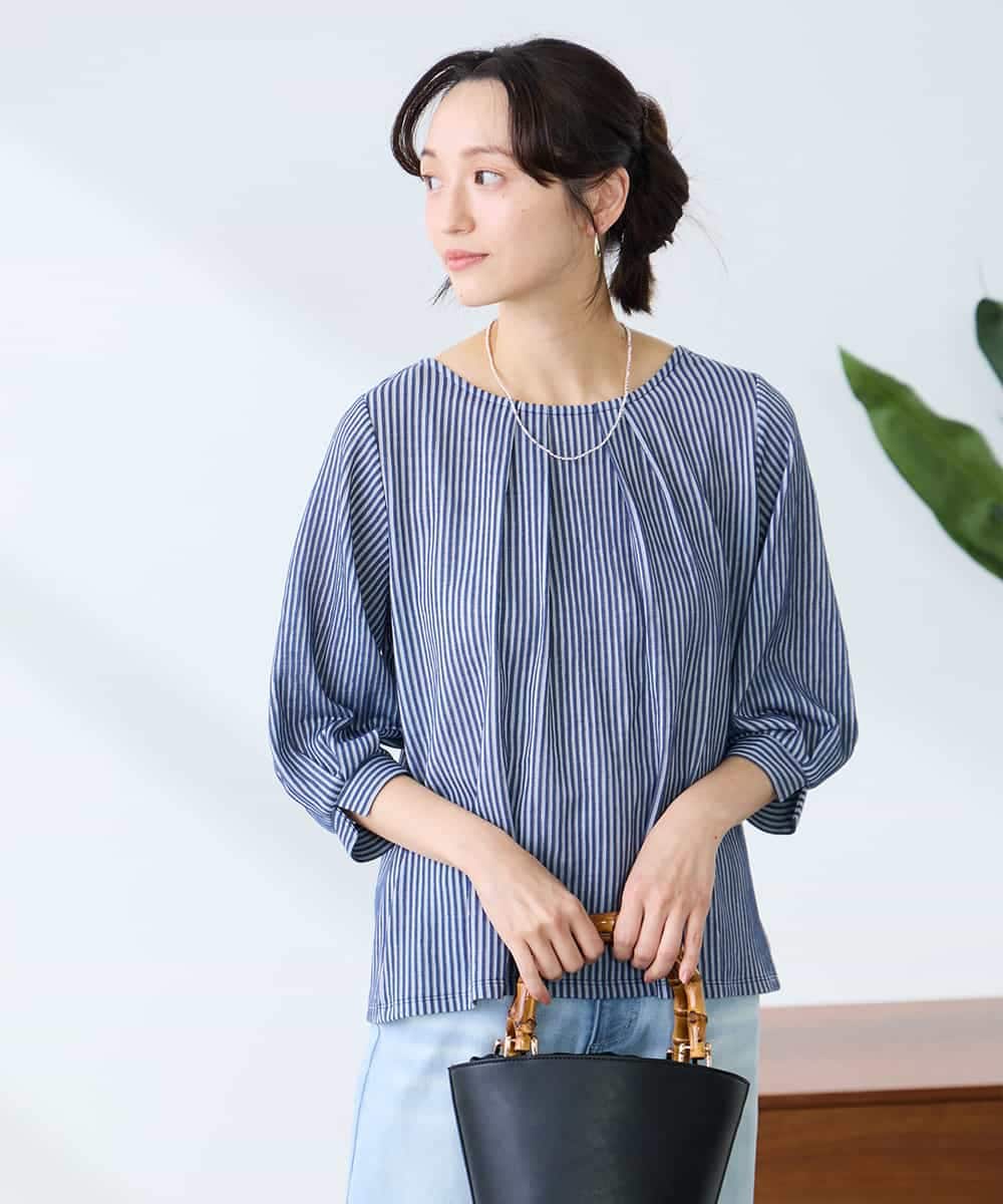 K3KFD21039 a.v.v Elmi(アー・ヴェ・ヴェ) 【低身長サイズ】タックスリーブストライプカットソー ライトブルー