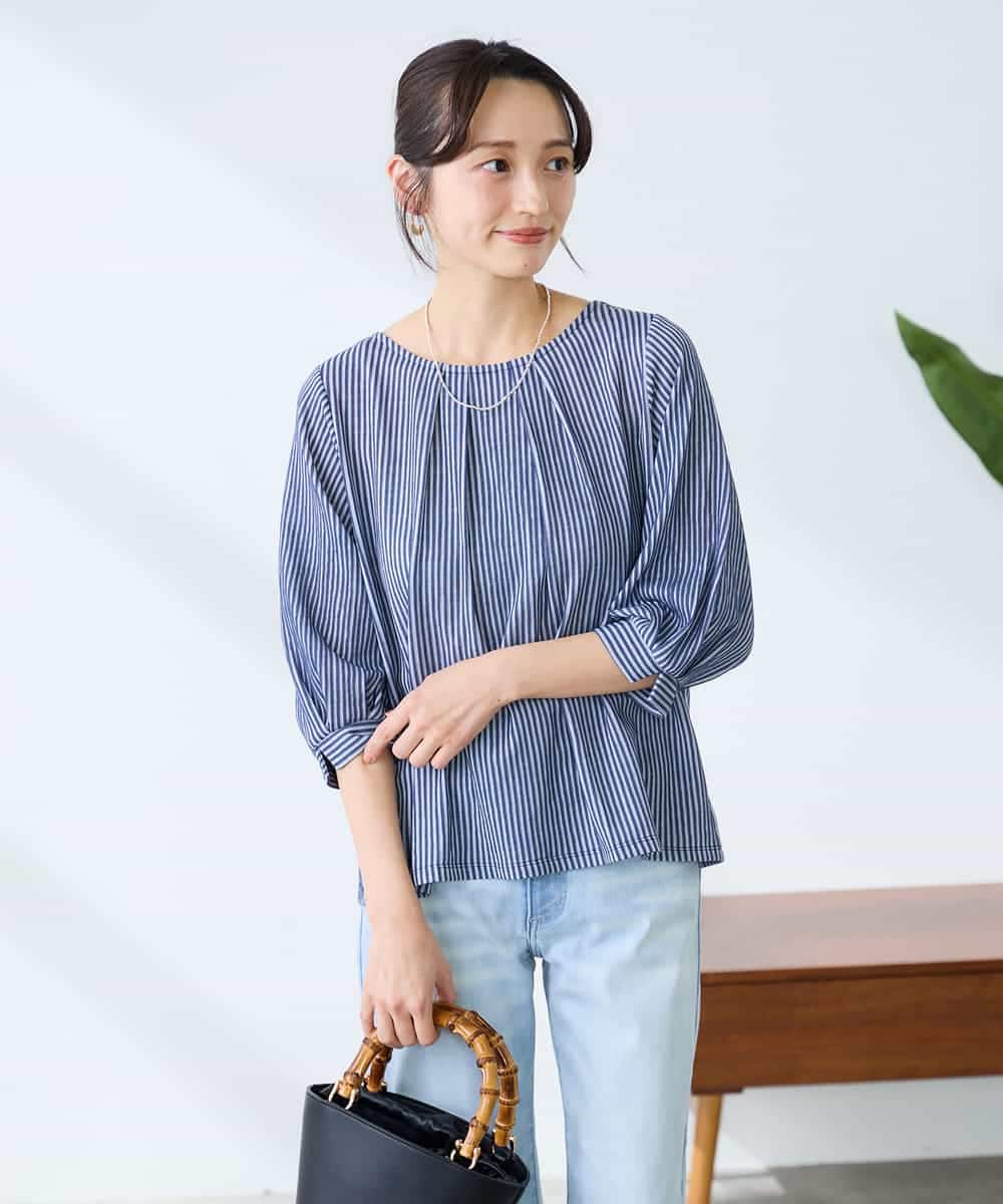 K3KFD21039 a.v.v Elmi(アー・ヴェ・ヴェ) 【低身長サイズ】タックスリーブストライプカットソー ライトブルー