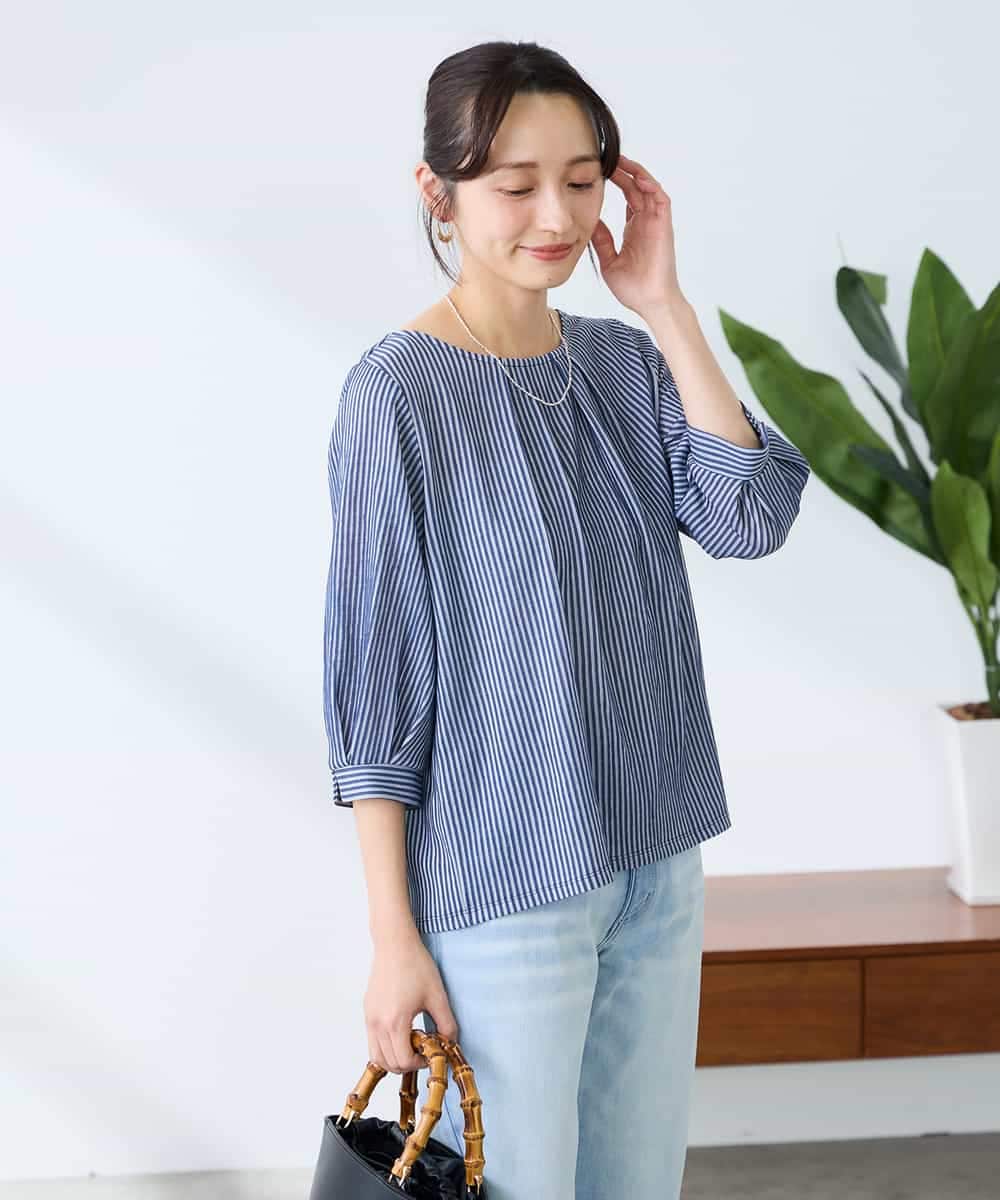 K3KFD21039 a.v.v Elmi(アー・ヴェ・ヴェ) 【低身長サイズ】タックスリーブストライプカットソー ライトブルー