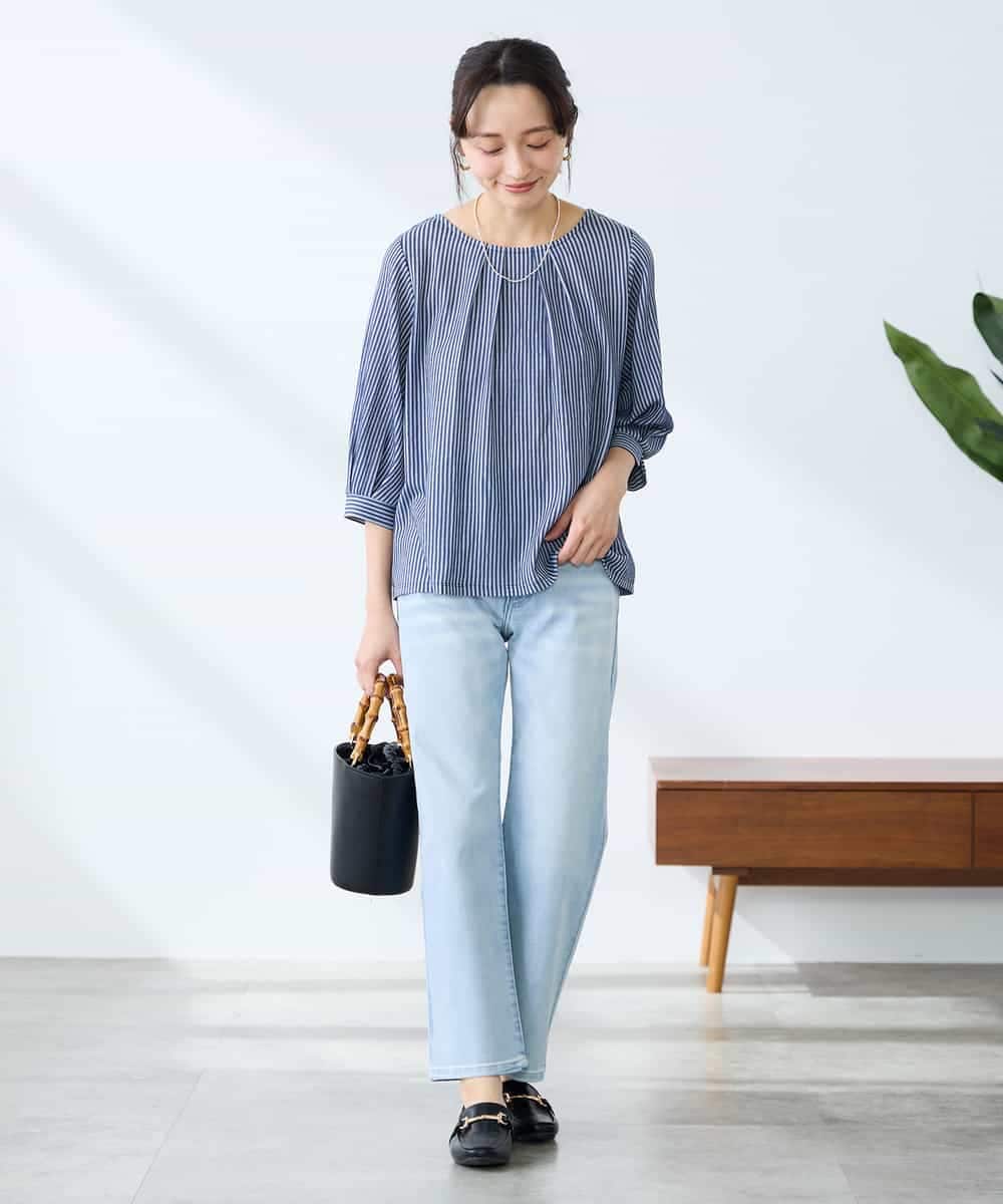 K3KFD21039 a.v.v Elmi(アー・ヴェ・ヴェ) 【低身長サイズ】タックスリーブストライプカットソー ライトブルー