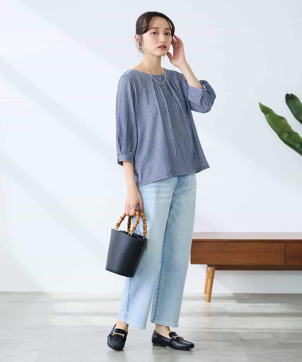 K3KFD21039 a.v.v Elmi(アー・ヴェ・ヴェ) 【低身長サイズ】タックスリーブストライプカットソー ライトブルー