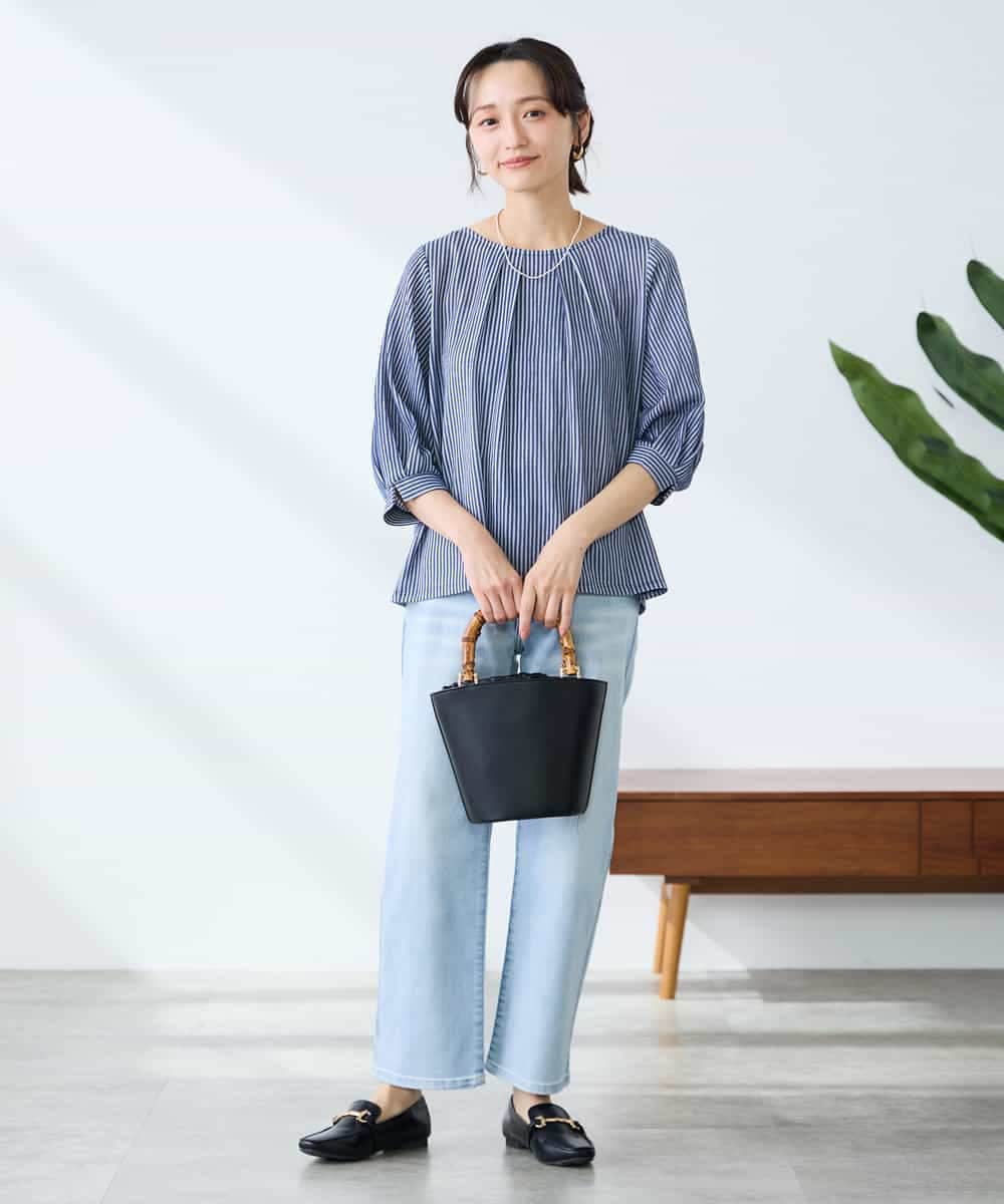 K3KFD21039 a.v.v Elmi(アー・ヴェ・ヴェ) 【低身長サイズ】タックスリーブストライプカットソー ライトブルー