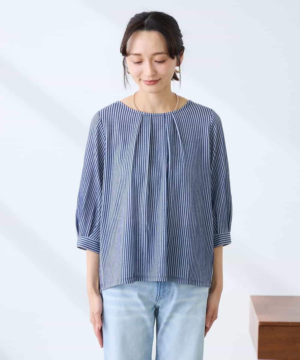 K3KFD21039 a.v.v Elmi(アー・ヴェ・ヴェ) 【低身長サイズ】タックスリーブストライプカットソー ライトブルー