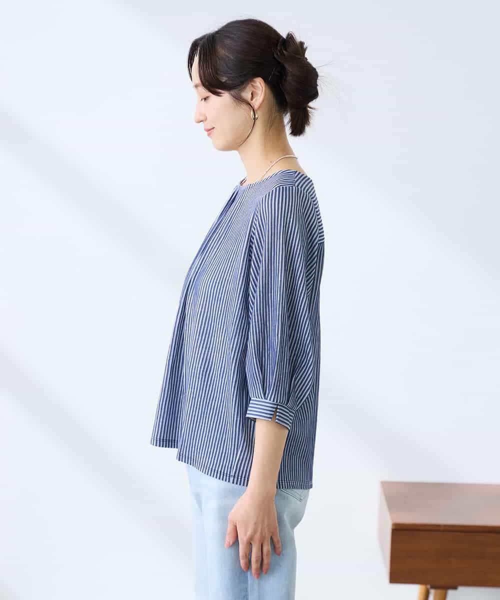 K3KFD21039 a.v.v Elmi(アー・ヴェ・ヴェ) 【低身長サイズ】タックスリーブストライプカットソー ライトブルー
