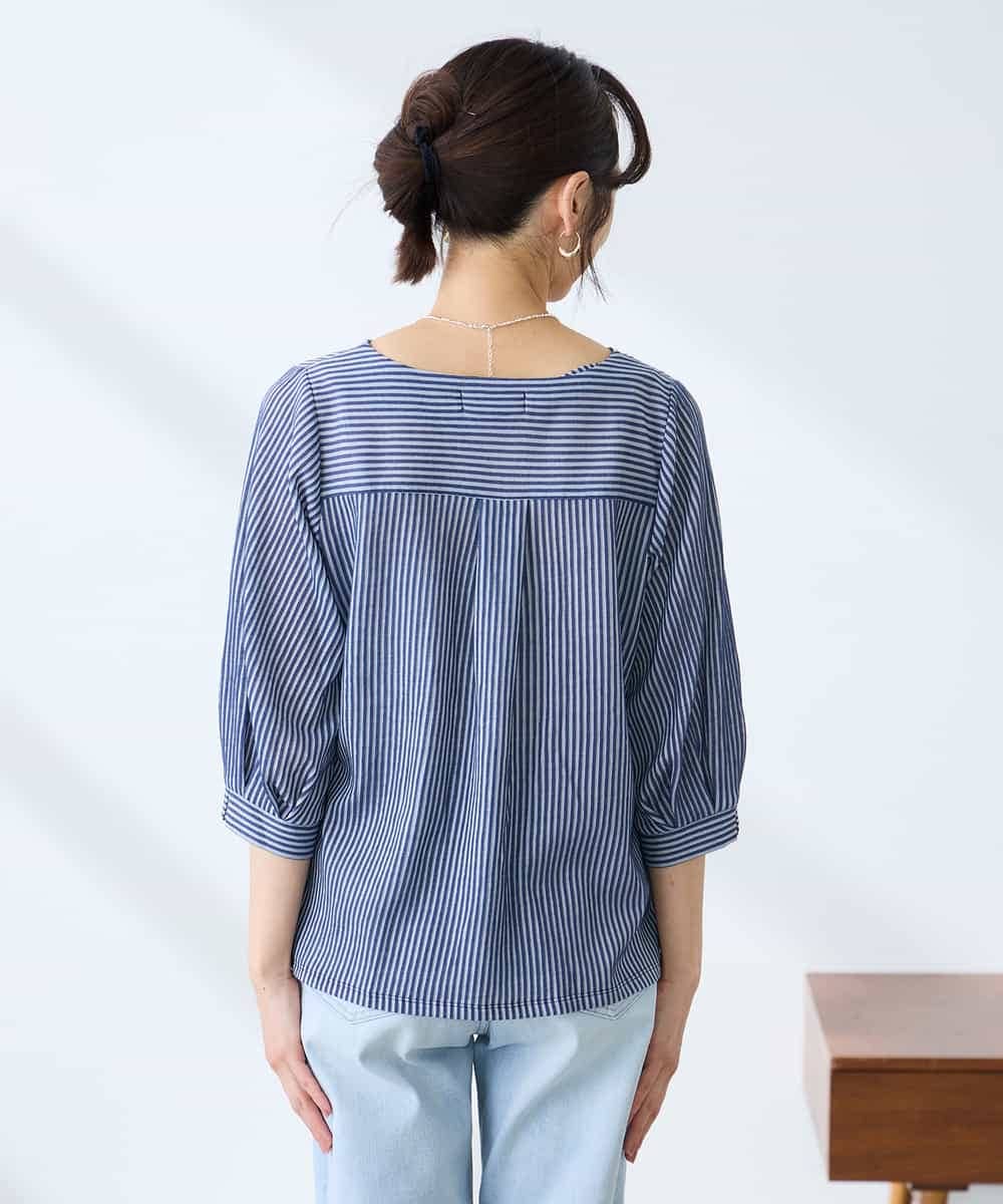 K3KFD21039 a.v.v Elmi(アー・ヴェ・ヴェ) 【低身長サイズ】タックスリーブストライプカットソー ライトブルー