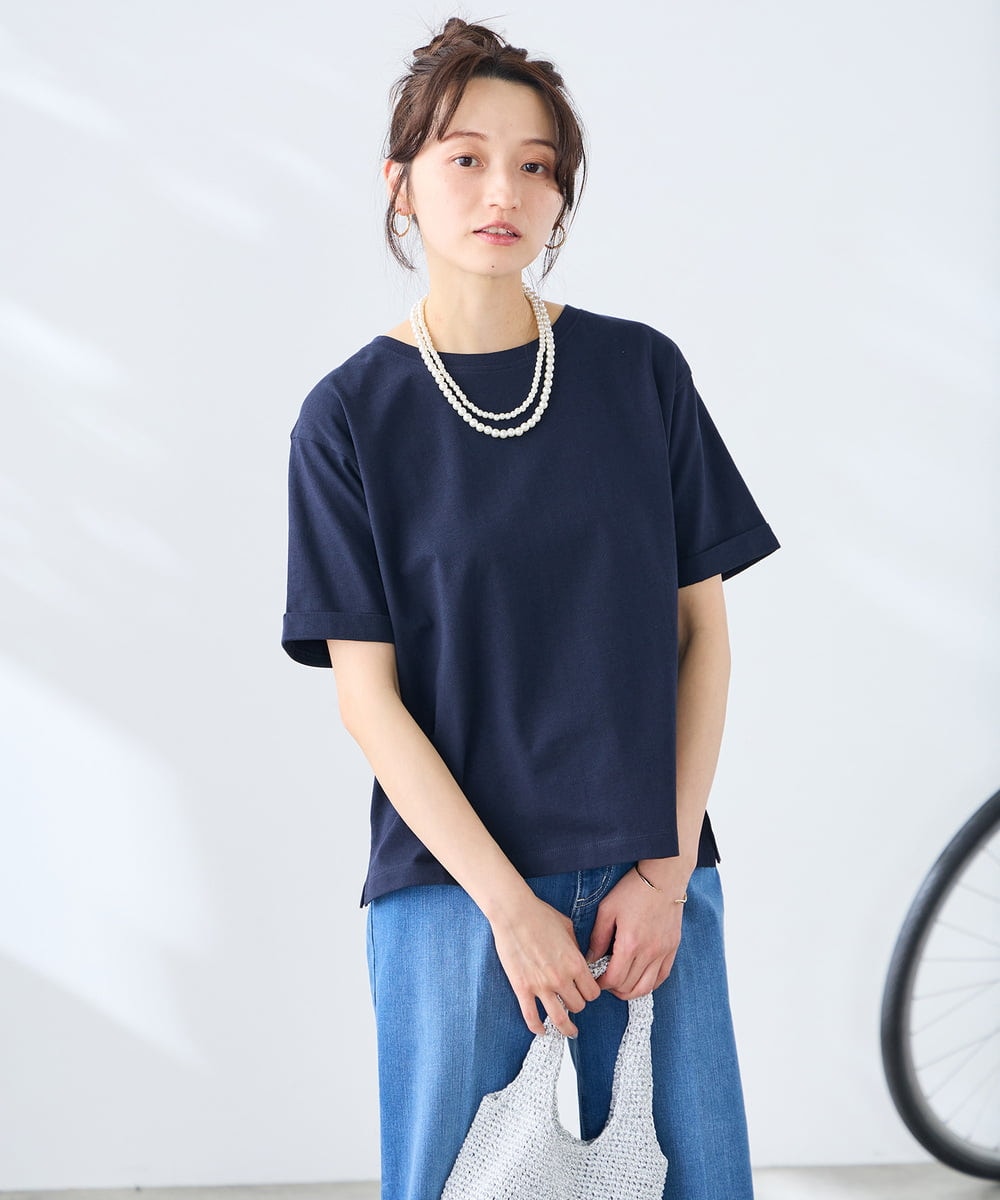 K3KGD30024 a.v.v Elmi(アー・ヴェ・ヴェ) 【低身長サイズ】ロールアップハーフスリーブTシャツ【接触冷感/UVカット/コットン100%】 ライトイエロー