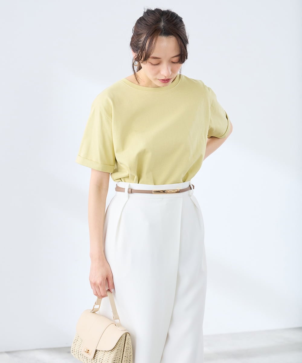 K3KGD30024 a.v.v Elmi(アー・ヴェ・ヴェ) 【低身長サイズ】ロールアップハーフスリーブTシャツ【接触冷感/UVカット/コットン100%】 ライトイエロー