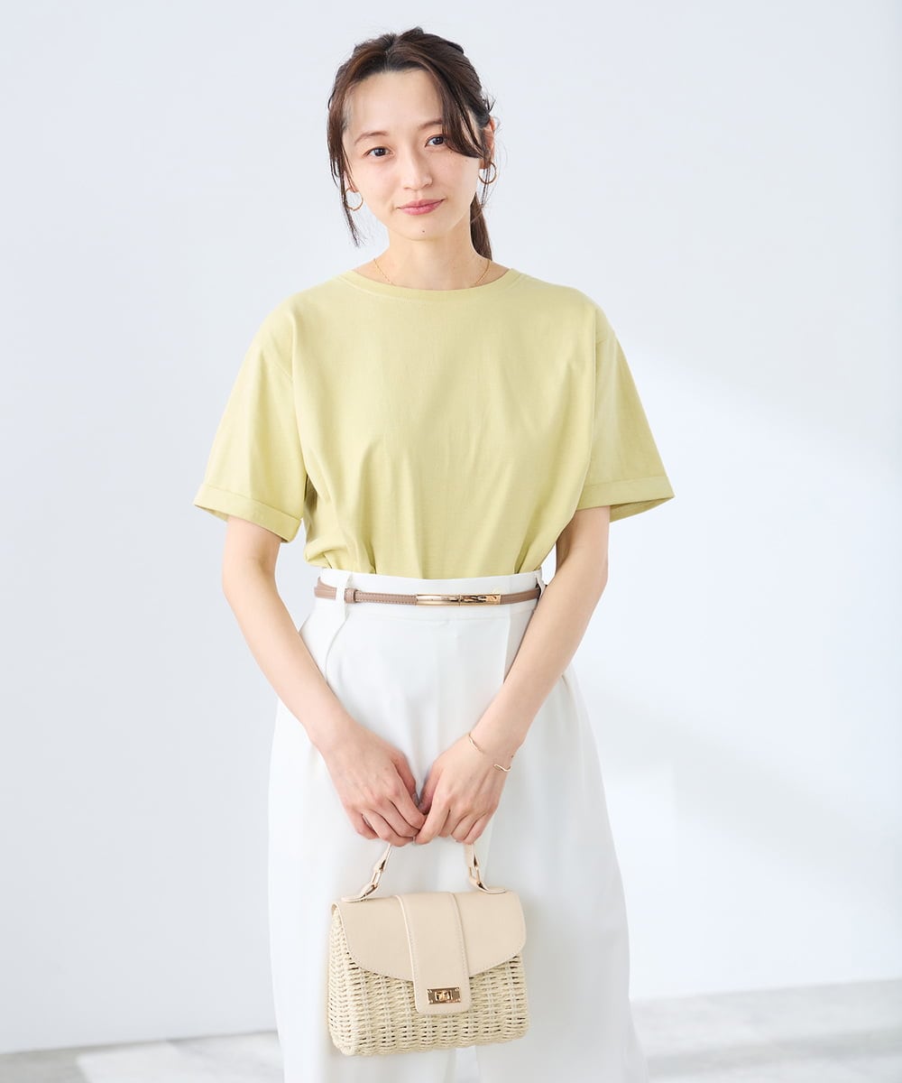 K3KGD30024 a.v.v Elmi(アー・ヴェ・ヴェ) 【低身長サイズ】ロールアップハーフスリーブTシャツ【接触冷感/UVカット/コットン100%】 ライトイエロー