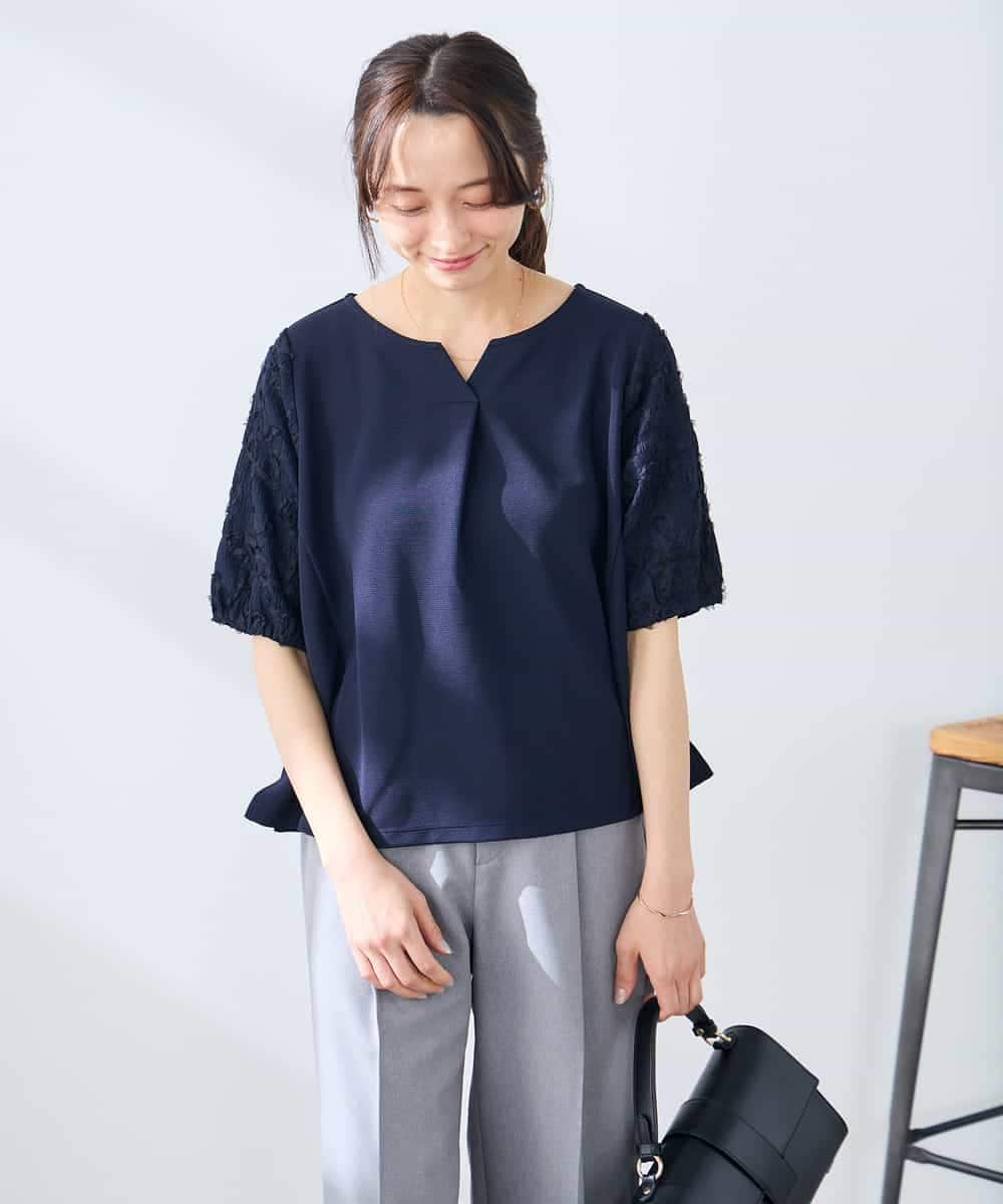 K3KGD32044 a.v.v Elmi(アー・ヴェ・ヴェ) 【低身長サイズ】レースジャガードスリーブトップス ネイビー