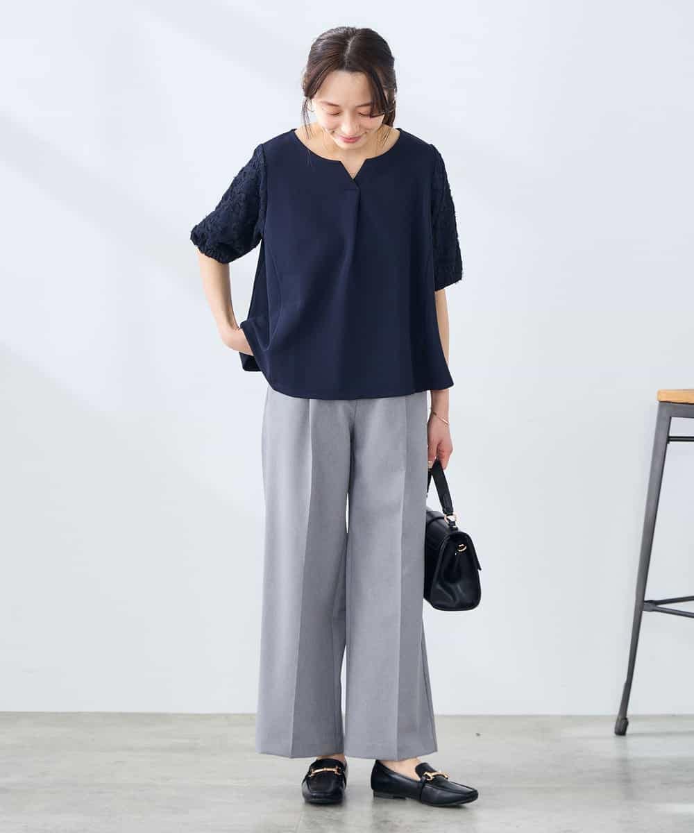 K3KGD32044 a.v.v Elmi(アー・ヴェ・ヴェ) 【低身長サイズ】レースジャガードスリーブトップス ネイビー