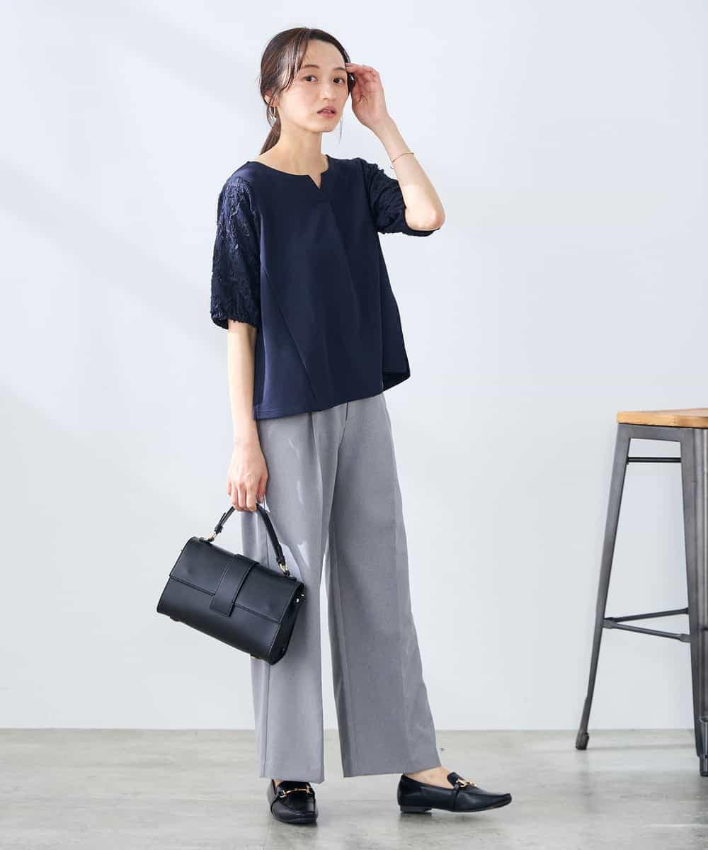 K3KGD32044 a.v.v Elmi(アー・ヴェ・ヴェ) 【低身長サイズ】レースジャガードスリーブトップス ネイビー