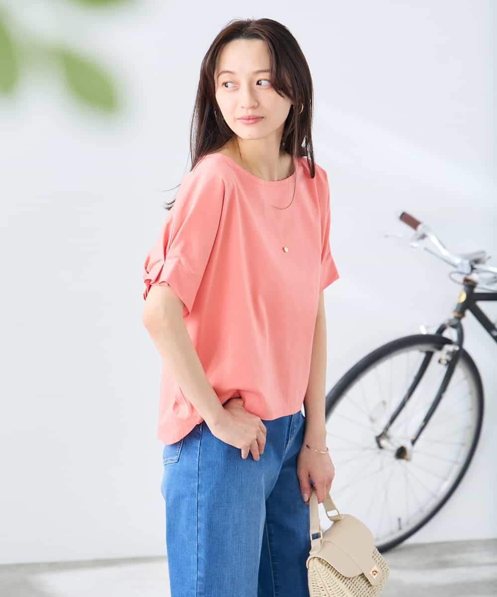 K3KGD37035 a.v.v Elmi(アー・ヴェ・ヴェ) 【低身長サイズ】タックドルマンスリーブカットソー【接触冷感/UVカット/コットン 100%】 オレンジ