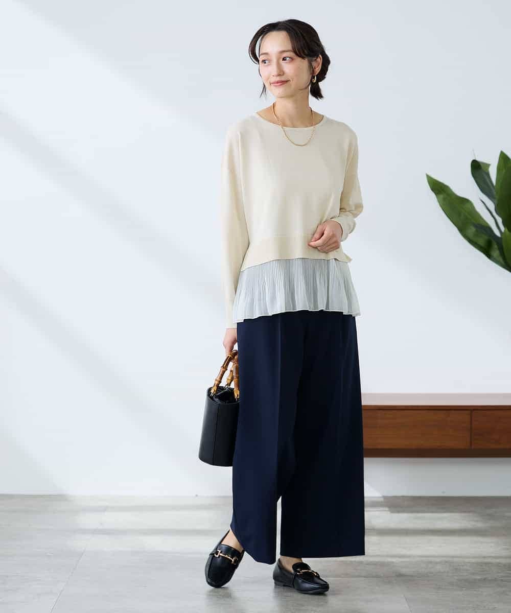 K3LDD20059 a.v.v Elmi(アー・ヴェ・ヴェ) 【低身長サイズ】【洗える】ハイウエストワイドパンツ ネイビー