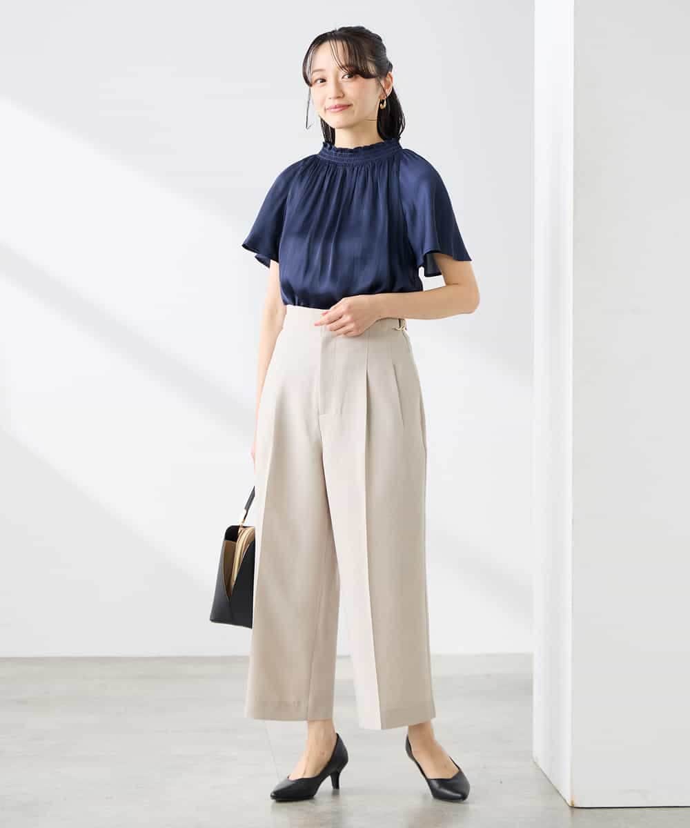 K3LGD19059 a.v.v Elmi(アー・ヴェ・ヴェ) 【低身長サイズ/接触冷感/UVカット】リネンライククロップドパンツ【セットアップ対応/アンチピリング】 ネイビー