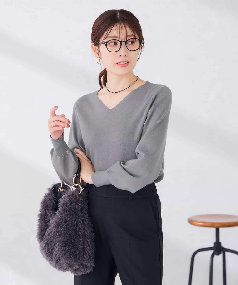 K6FAG16039 a.v.v(アー・ヴェ・ヴェ) 【WEB限定】Vネック パフスリーブ ニット【洗える/麗しニット】 ブラック