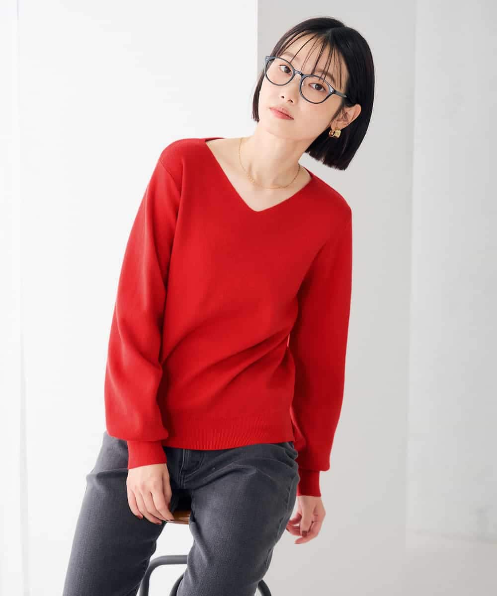 K6FAG16039 a.v.v(アー・ヴェ・ヴェ) 【WEB限定】Vネック パフスリーブ ニット【洗える/麗しニット】 ブラック