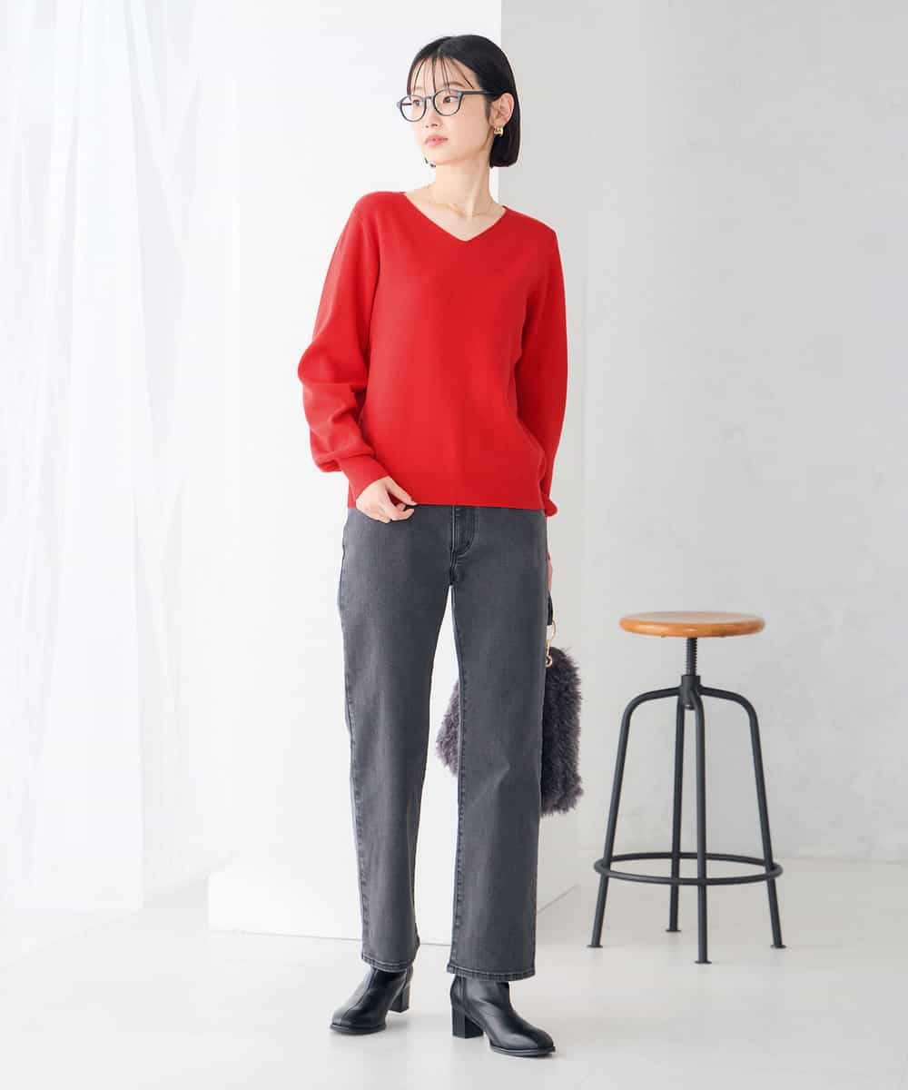 K6FAG16039 a.v.v(アー・ヴェ・ヴェ) 【WEB限定】Vネック パフスリーブ ニット【洗える/麗しニット】 ブラック