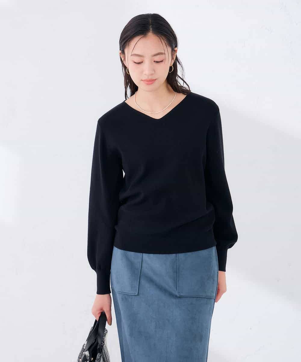 K6FAG16039 a.v.v(アー・ヴェ・ヴェ) 【WEB限定】Vネック パフスリーブ ニット【洗える/麗しニット】 ブラック
