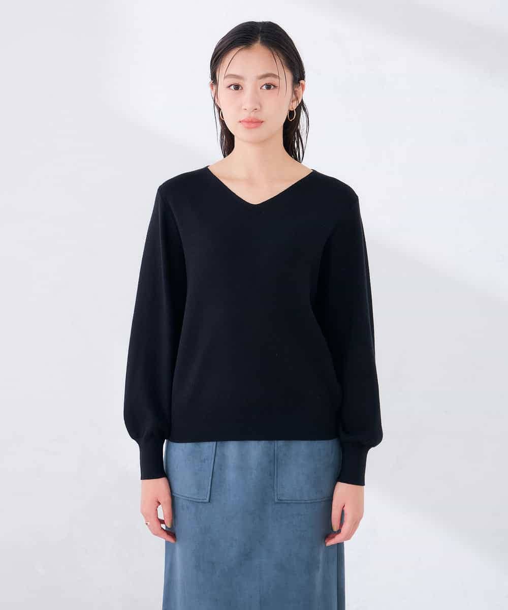 K6FAG16039 a.v.v(アー・ヴェ・ヴェ) 【WEB限定】Vネック パフスリーブ ニット【洗える/麗しニット】 ブラック