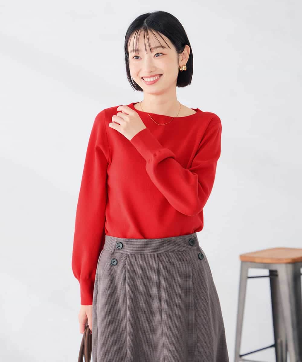 K6FAG17039 a.v.v(アー・ヴェ・ヴェ) 【WEB限定】ボートネック パフスリーブ ニット【洗える/麗しニット】 レッド