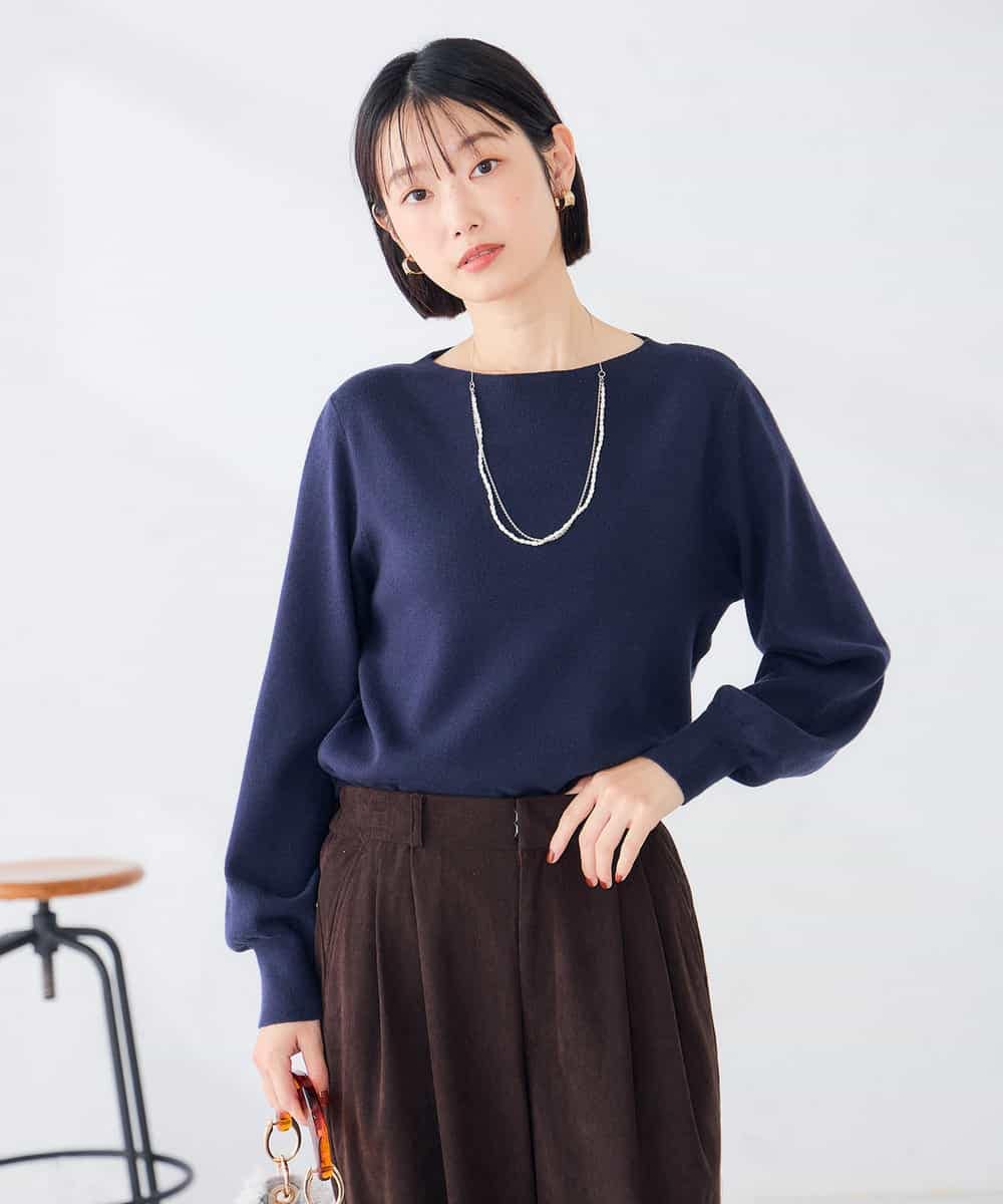 K6FAG17039 a.v.v(アー・ヴェ・ヴェ) 【WEB限定】ボートネック パフスリーブ ニット【洗える/麗しニット】 ネイビー