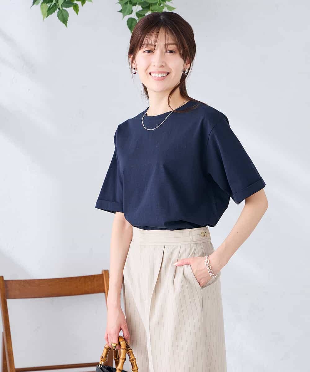 K6KGD30024 a.v.v(アー・ヴェ・ヴェ) 【接触冷感/UVカット/コットン100%/WEB限定】ロールアップハーフスリーブTシャツ ネイビー