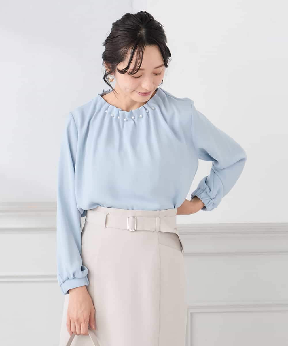 KABCD03059 a.v.v Elmi(アー・ヴェ・ヴェ) 【低身長サイズ】【洗える】タックネックブラウス ライトブルー