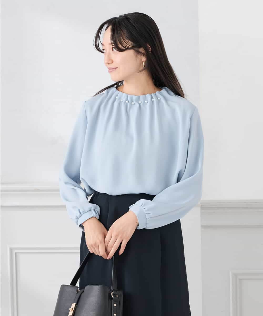 KABCD03059 a.v.v Elmi(アー・ヴェ・ヴェ) 【低身長サイズ】【洗える】タックネックブラウス ライトブルー