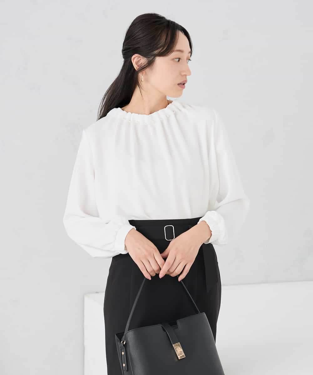 KABCD03059 a.v.v Elmi(アー・ヴェ・ヴェ) 【低身長サイズ】【洗える】タックネックブラウス ライトブルー