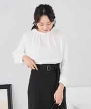 KABCD03059 a.v.v Elmi(アー・ヴェ・ヴェ) 【低身長サイズ】【洗える】タックネックブラウス ライトブルー