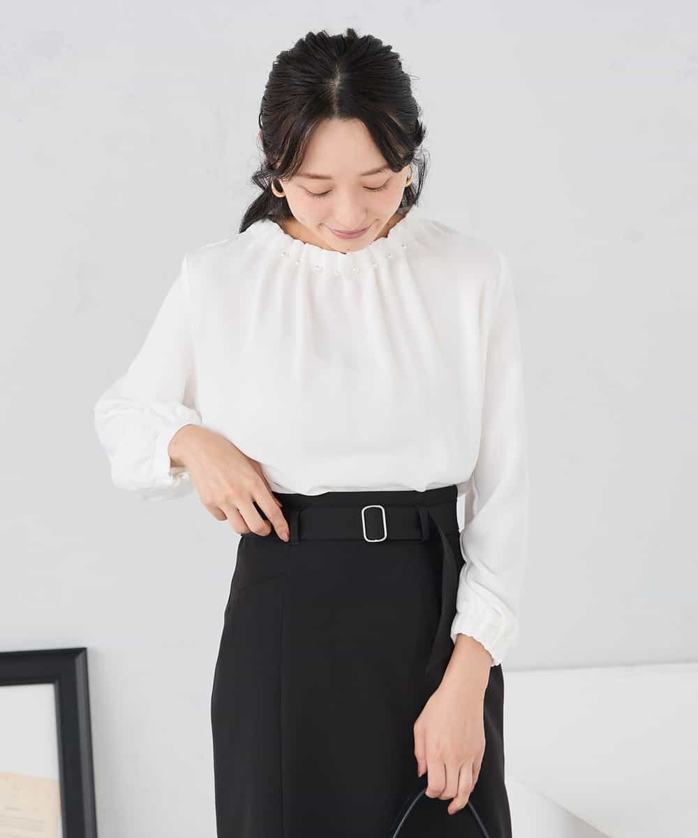 KABCD03059 a.v.v Elmi(アー・ヴェ・ヴェ) 【低身長サイズ】【洗える】タックネックブラウス ライトブルー