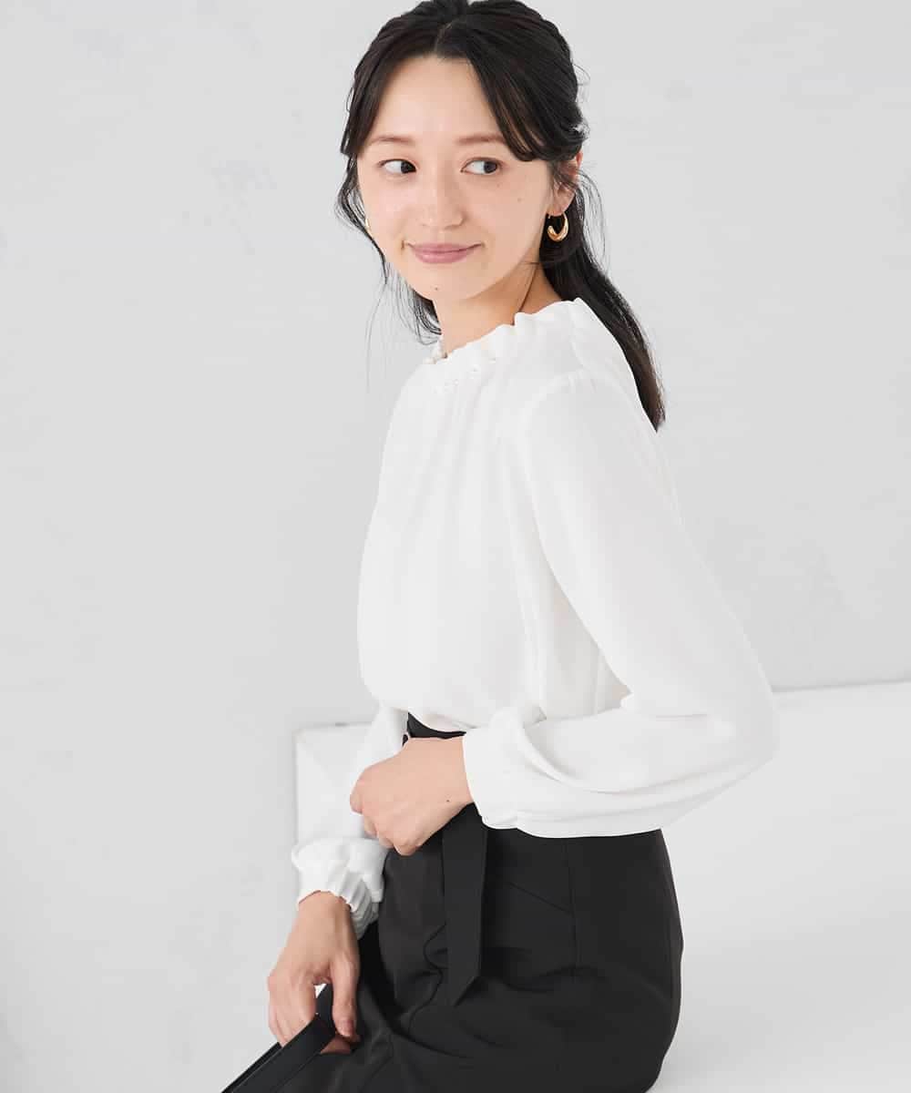 KABCD03059 a.v.v Elmi(アー・ヴェ・ヴェ) 【低身長サイズ】【洗える】タックネックブラウス ライトブルー