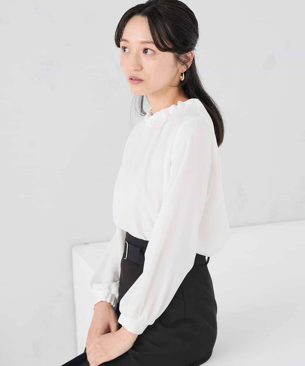 KABCD03059 a.v.v Elmi(アー・ヴェ・ヴェ) 【低身長サイズ】【洗える】タックネックブラウス ライトブルー