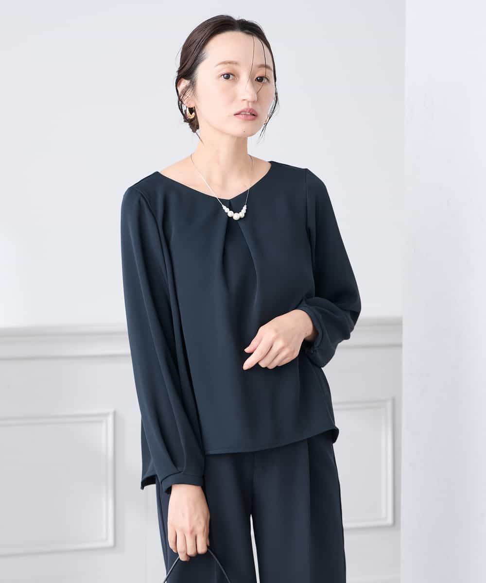 KABCD05059 a.v.v Elmi(アー・ヴェ・ヴェ) 【低身長サイズ】サテンバックフレアブラウス【洗える/速乾/毛玉になりにくい/イージーケア】 ネイビー