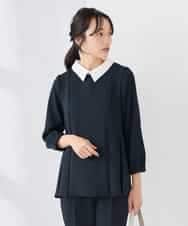 KABCD06059 a.v.v Elmi(アー・ヴェ・ヴェ) 【低身長サイズ】2WAYサテン襟付きペプラムブラウス【洗える/速乾/毛玉になりにくい/イージーケア】 ネイビー
