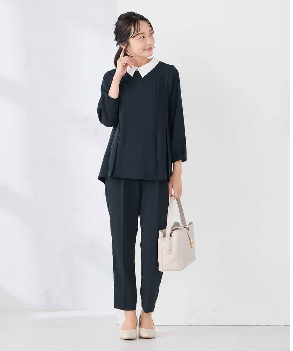 KABCD06059 a.v.v Elmi(アー・ヴェ・ヴェ) 【低身長サイズ】2WAYサテン襟付きペプラムブラウス【洗える/速乾/毛玉になりにくい/イージーケア】 ネイビー