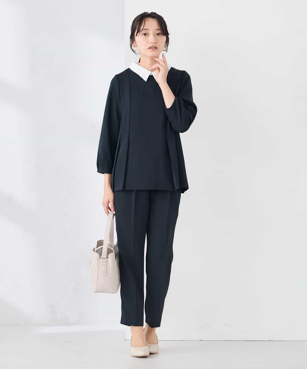 KABCD06059 a.v.v Elmi(アー・ヴェ・ヴェ) 【低身長サイズ】2WAYサテン襟付きペプラムブラウス【洗える/速乾/毛玉になりにくい/イージーケア】 ネイビー