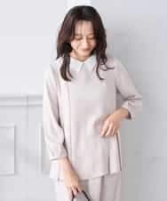 KABCD06059 a.v.v Elmi(アー・ヴェ・ヴェ) 【低身長サイズ】2WAYサテン襟付きペプラムブラウス【洗える/速乾/毛玉になりにくい/イージーケア】 ネイビー