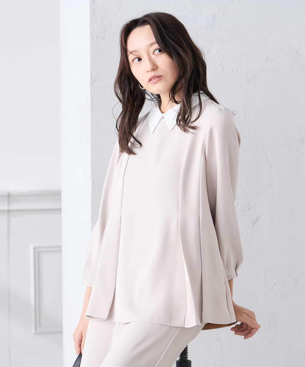 KABCD06059 a.v.v Elmi(アー・ヴェ・ヴェ) 【低身長サイズ】2WAYサテン襟付きペプラムブラウス【洗える/速乾/毛玉になりにくい/イージーケア】 ネイビー