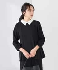 KABCD06059 a.v.v Elmi(アー・ヴェ・ヴェ) 【低身長サイズ】2WAYサテン襟付きペプラムブラウス【洗える/速乾/毛玉になりにくい/イージーケア】 ネイビー