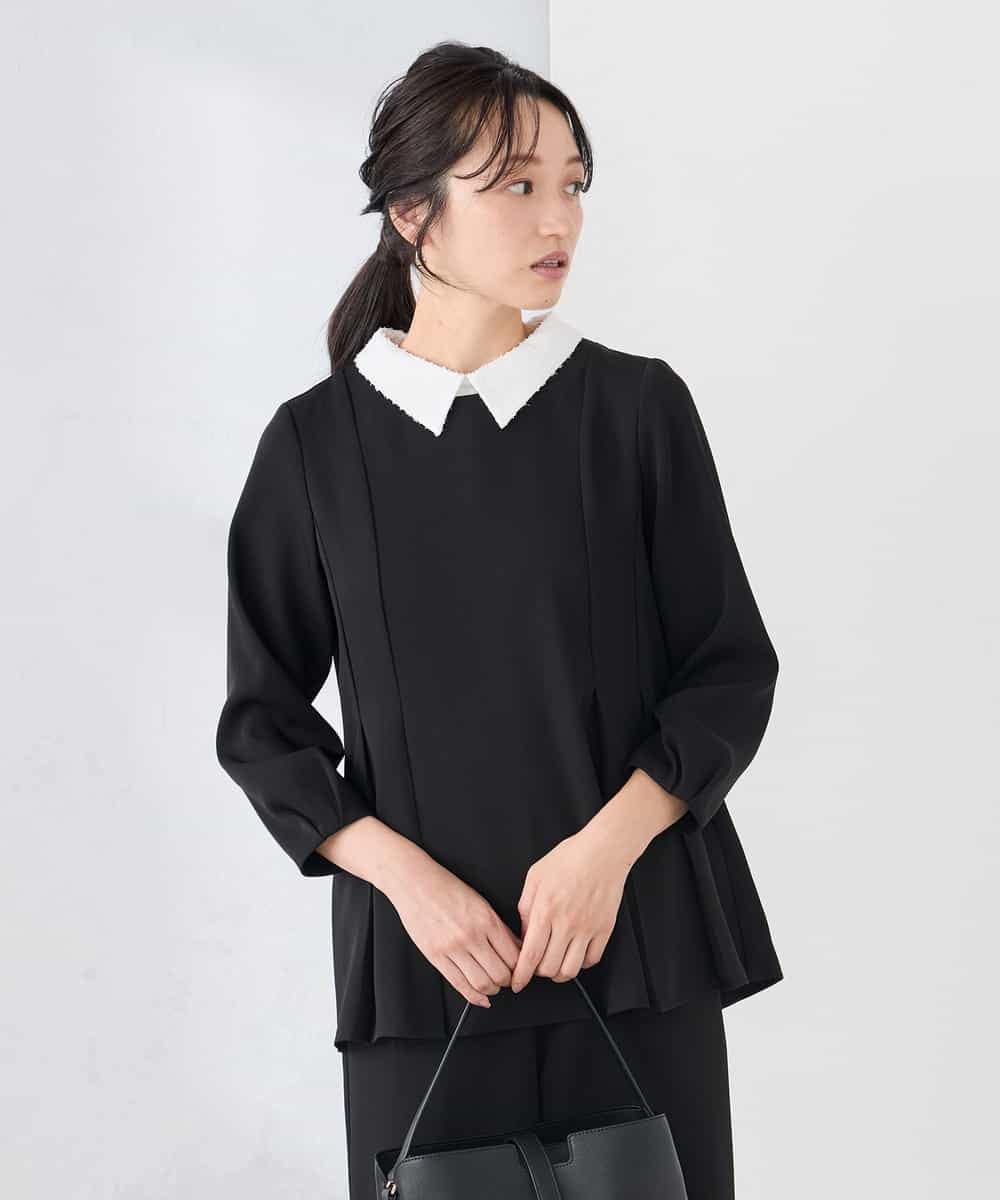 KABCD06059 a.v.v Elmi(アー・ヴェ・ヴェ) 【低身長サイズ】2WAYサテン襟付きペプラムブラウス【洗える/速乾/毛玉になりにくい/イージーケア】 ネイビー