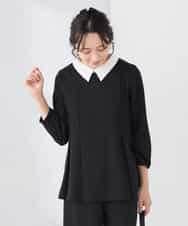 KABCD06059 a.v.v Elmi(アー・ヴェ・ヴェ) 【低身長サイズ】2WAYサテン襟付きペプラムブラウス【洗える/速乾/毛玉になりにくい/イージーケア】 ネイビー