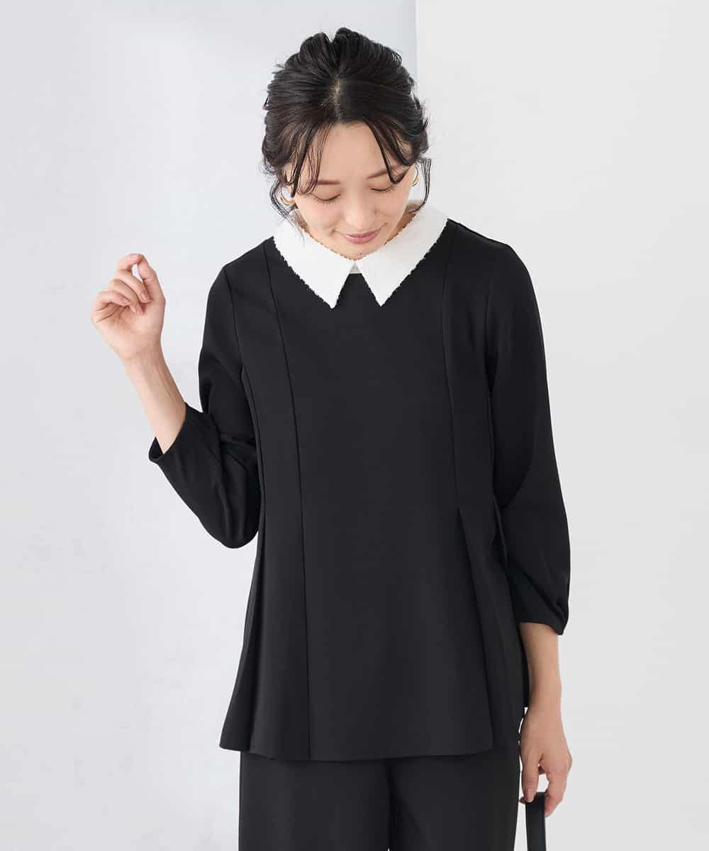 KABCD06059 a.v.v Elmi(アー・ヴェ・ヴェ) 【低身長サイズ】2WAYサテン襟付きペプラムブラウス【洗える/速乾/毛玉になりにくい/イージーケア】 ネイビー