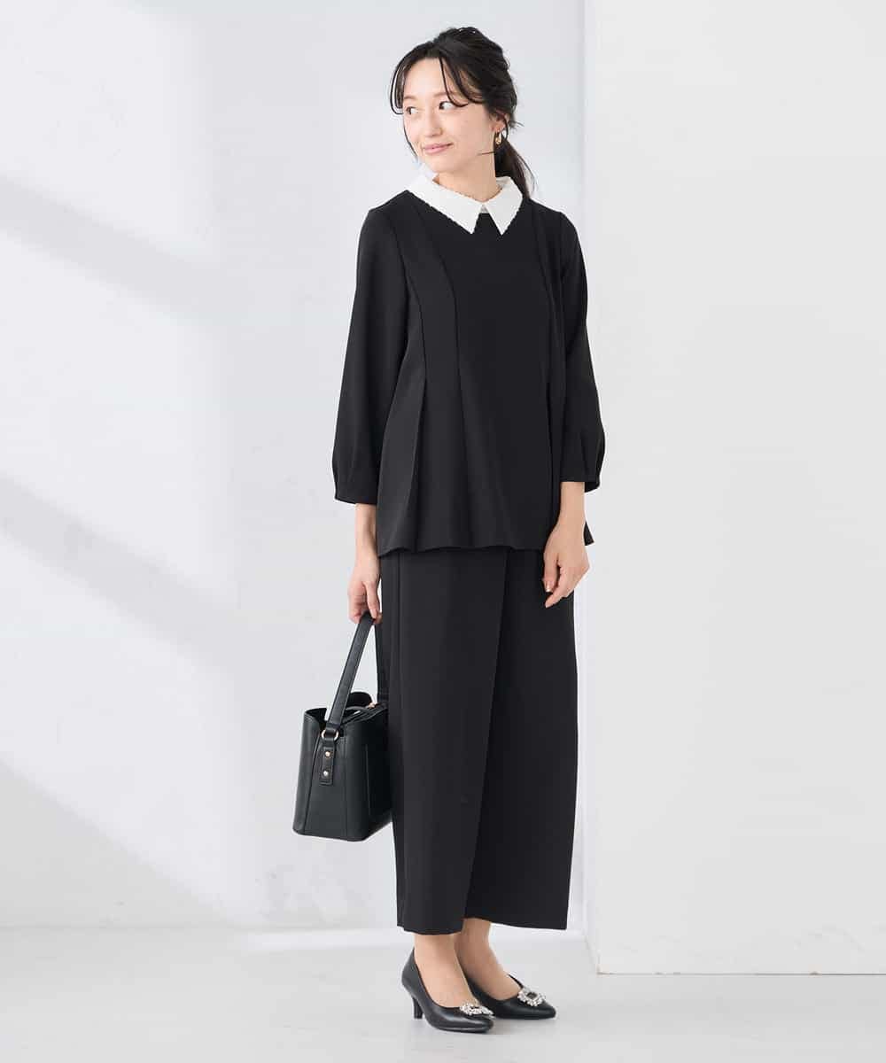 KABCD06059 a.v.v Elmi(アー・ヴェ・ヴェ) 【低身長サイズ】2WAYサテン襟付きペプラムブラウス【洗える/速乾/毛玉になりにくい/イージーケア】 ネイビー