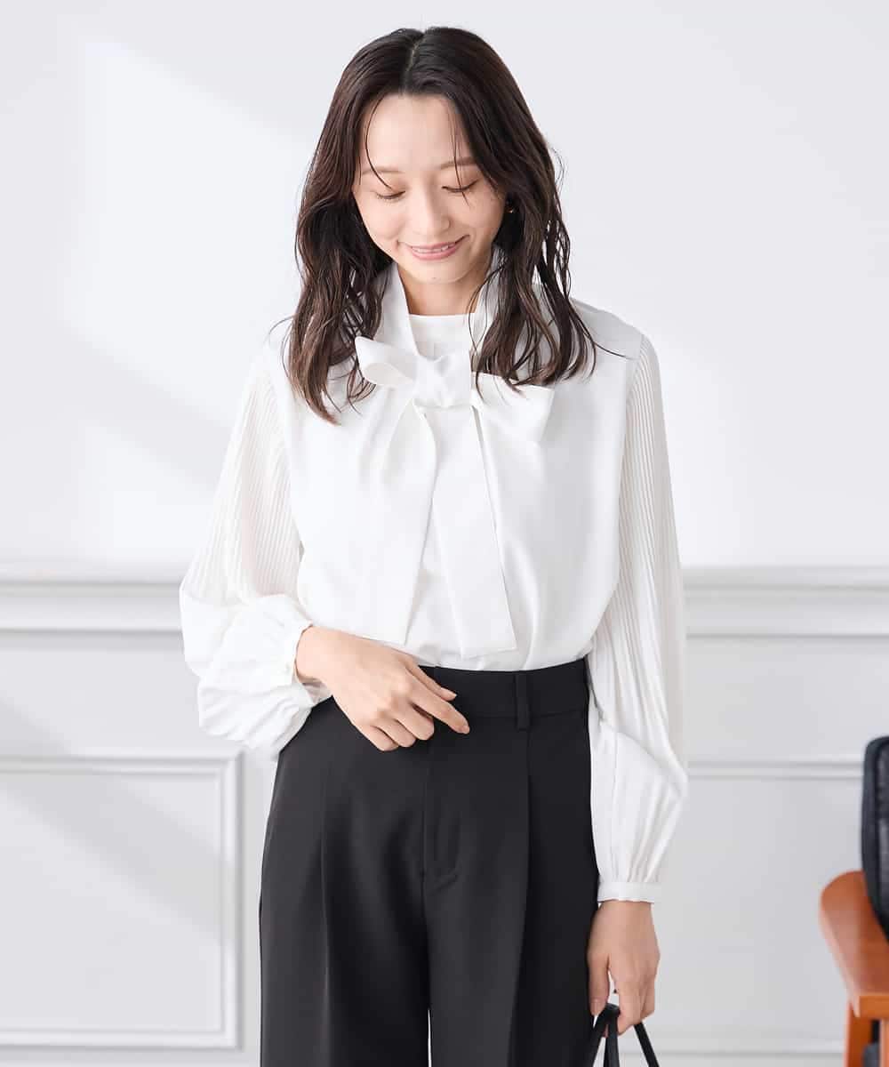 KABCD07059 a.v.v Elmi(アー・ヴェ・ヴェ) 【低身長サイズ】【洗える】2WAY袖プリーツボウタイブラウス ホワイト