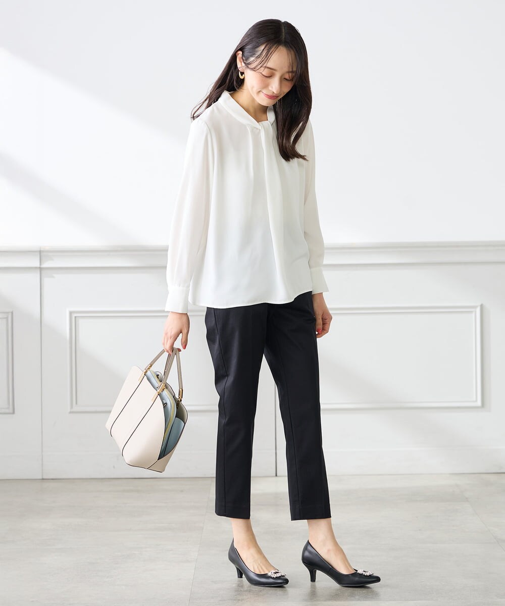 KABFE09059 a.v.v Elmi(アー・ヴェ・ヴェ) 【低身長サイズ】幾何柄ボウタイ風ブラウス ライトブルー