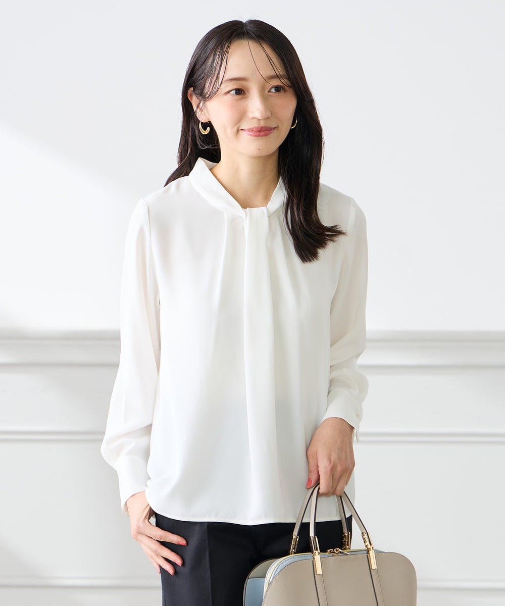 KABFE09059 a.v.v Elmi(アー・ヴェ・ヴェ) 【低身長サイズ】幾何柄ボウタイ風ブラウス ライトブルー