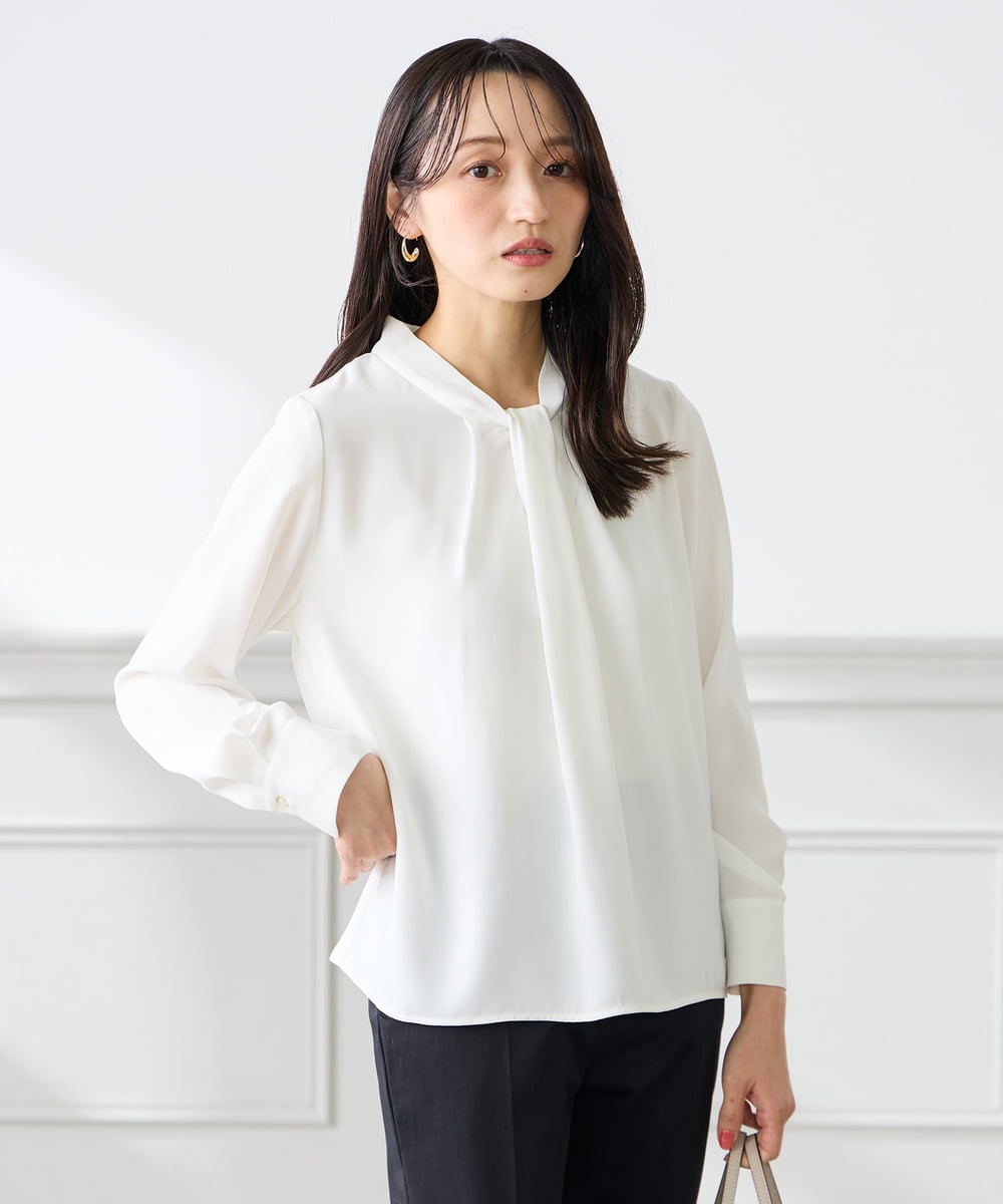 KABFE09059 a.v.v Elmi(アー・ヴェ・ヴェ) 【低身長サイズ】幾何柄ボウタイ風ブラウス ライトブルー