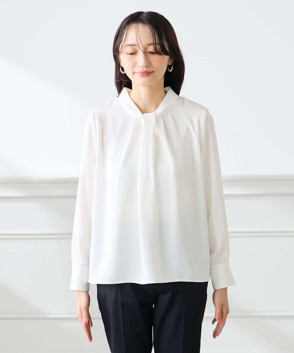 KABFE09059 a.v.v Elmi(アー・ヴェ・ヴェ) 【低身長サイズ】幾何柄ボウタイ風ブラウス ライトブルー